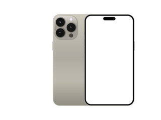 New mobile back front natural titanium smartphone model 15 pro mockup template on white background vector illustration