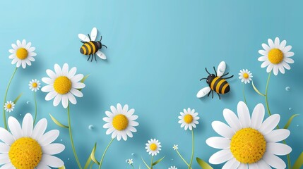Bee cartoons and daisy flower on blue background,generative ai,
