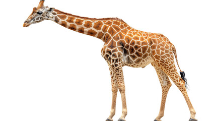A full-sized giraffe walking gracefully showcased, capturing its distinct pattern and stature, cleanly isolated on a white background