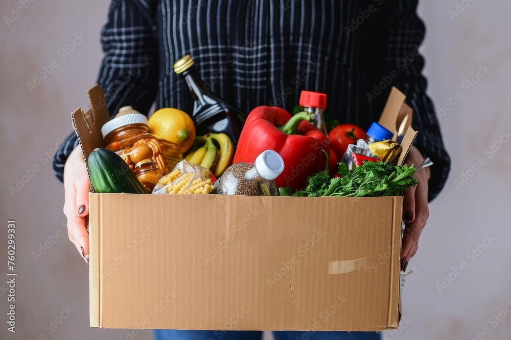 Wall mural woman volunteer hands holding food donations box with food grocery products, generative ai