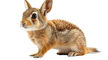 Curious brown rabbit sitting up and looking attentively, captured on a white background, detailed fur texture visible
