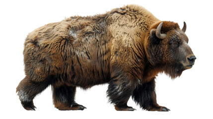 A striking bison stands majestically, its thick fur and strong build prominent, set against a clean, white background, showcasing its majestic stature and serene poise