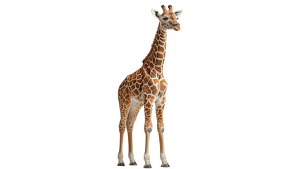 A tall giraffe stands out with its unique patterned coat and long neck, isolated against a black background