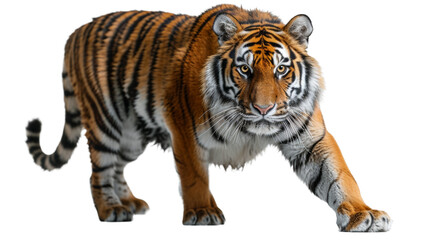 Majestic Bengal Tiger in mid-stride with intense gaze, showcasing its powerful physique isolated on white background