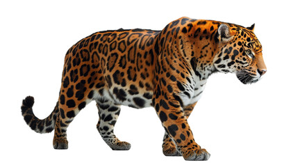A majestic jaguar caught mid-stride, displaying its striking coat patterns against a stark white background