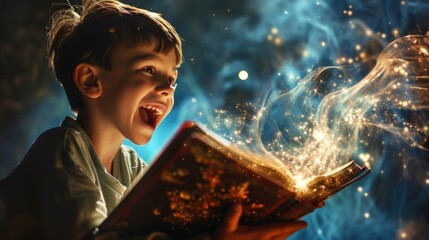 The young human that can be called child that staring and looking to the magical book that turing the pages by itself with magical power and colourful bright effect that reflected child face. AIGX03. - obrazy, fototapety, plakaty