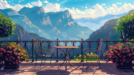 The balcony has a view of the mountain landscape. A sunny day. Balcony with beautiful view