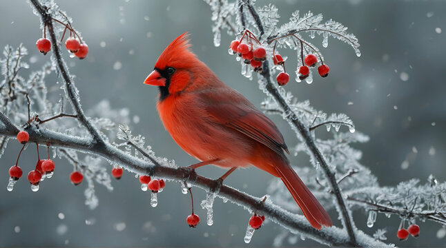 Red cardinal bird on a frosty tree branch with snow red berries in winter, Holiday and Christmas web banner.generative.ai