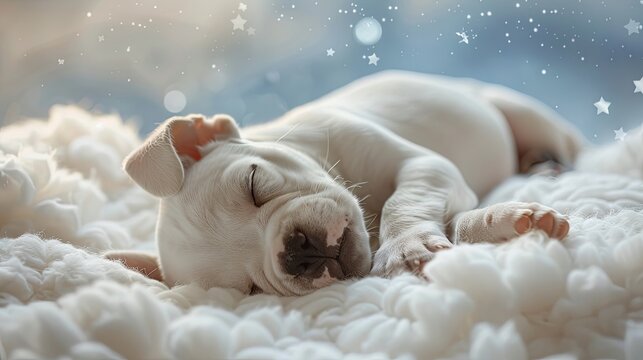 A serene image of a sleeping puppy nestled among fluffy clouds, with a twinkling starry sky in the background.