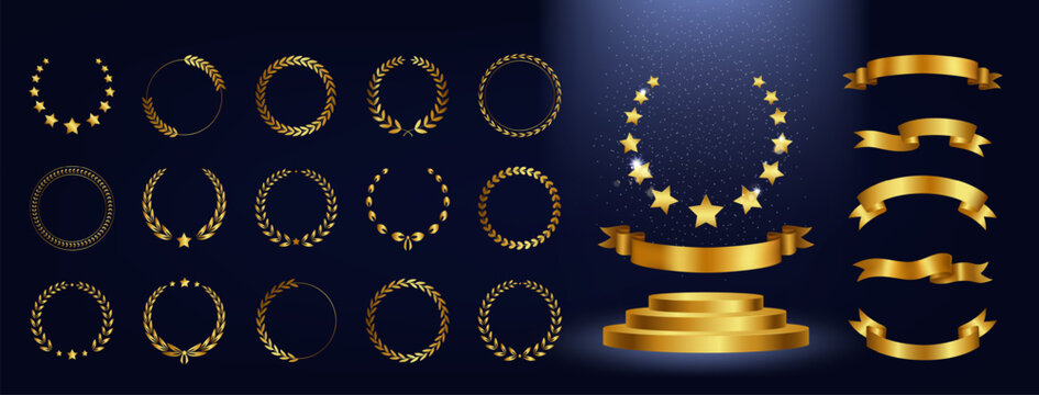 Gold award. Laurel wreath and winner ribbon. Oscar ceremony. Golden stars. Champion podium. Elegant stage. Premium certificate. Trophy celebration. Luxury prize. Vector victory reward elements set