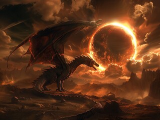Dragon circling solar eclipse, vast sky, panoramic view, dark and fiery ambiance