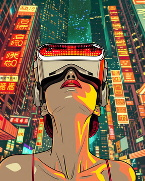 Bright poster in pop art style depicting a woman in cyber glasses (virtual reality glasses)