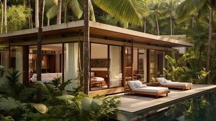 tropical resort bungalow building illustration oceanfront paradise, relaxation vacation, spa pool tropical resort bungalow building