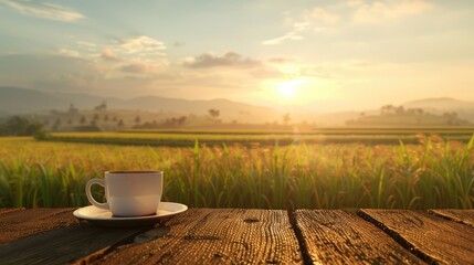 Cups and tea on the table with a view of rice fields and grass in the morning as the sun rises