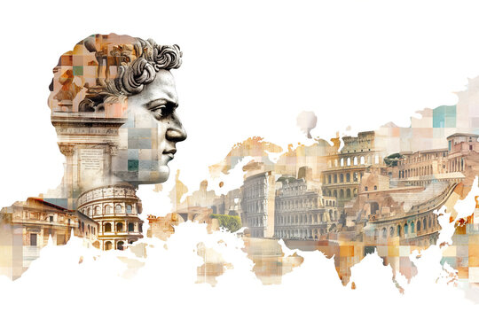 Great Roman Empire architecture and Emperor Caesar statue archeological historical illustration with Roman map 	