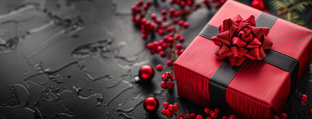 Red gift box, Christmas gift boxes red on black background, 
Banner, cover, background, red gift box, celebration and congratulation party holiday concept copy space