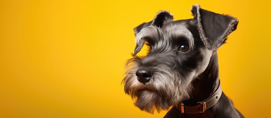 Adorable Canine Companion Posing with Collar Against Vibrant Yellow Backdrop