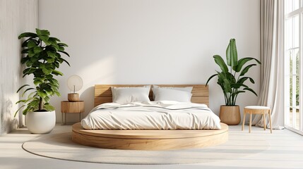 Serene Bedroom Oasis with Cozy Bed and Lush Green Plant for A Tranquil Rest Space