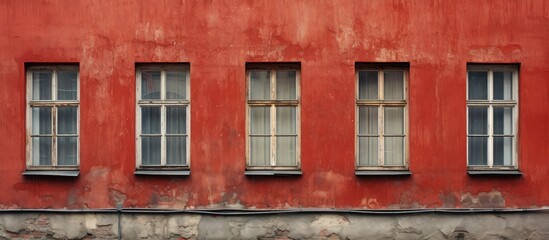 Fototapeta na wymiar Vibrant Red Building Facade with Elegant Windows and Brick Wall Design
