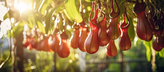Fotobehang Vibrant Red Chili Peppers Hanging in Abundance from a Lush Green Tree © Ilgun