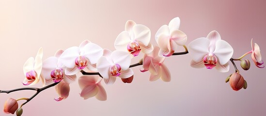 Elegant White Orchid Flowers Blooming on Delicate Branch Over Pink Background