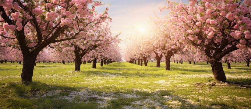 Enchanting Spring Scene: Sunlight Filtering Through Trees Over a Field of Blooming Pink Flowers