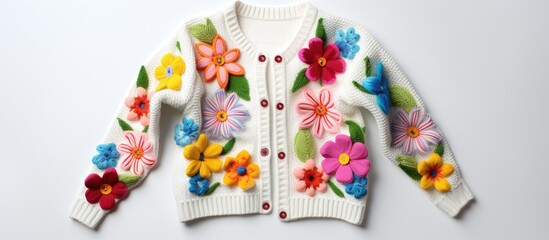 Fototapeta na wymiar Chic White Sweater adorned with Colorful Floral Embroidery for Stylish Fashion Statement