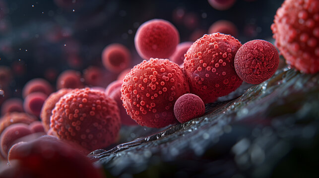 Staphylococcus aureus . Microscopic view of bacterial cell . Cluster of cocci shaped bacteria on tissue of human body . 3D style .