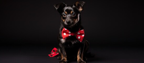 Cute Pomeranian Dog wearing Red Bow Sits on Black Background