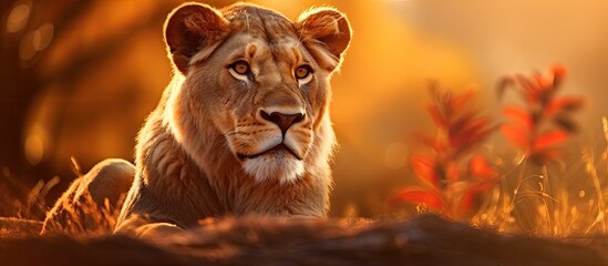 Majestic Lion Resting Serenely in Lush Green Savanna Grassland Habitat