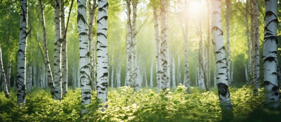 Sunlight Filtering Through Dense Birch Trees in Lush Green Forest Wilderness