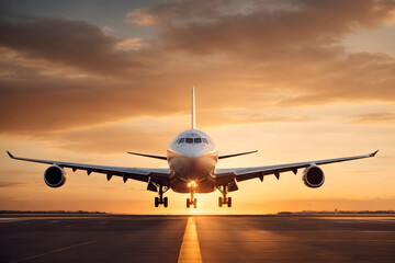 A scene of an airplane landing at sunset - obrazy, fototapety, plakaty