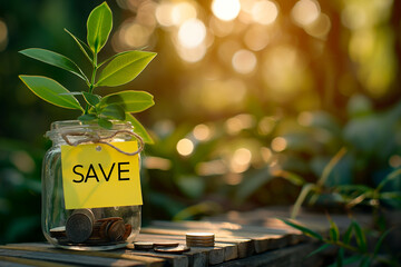 Glass jar stacked with coins with a "SAVE" note and a growing plant symbolizing saving money investment concept, future retirement funding growing capital