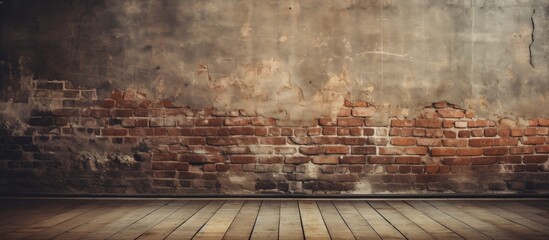 The Rustic Charm of an Aged Brick Wall Set Against a Warm Wooden Floor - obrazy, fototapety, plakaty