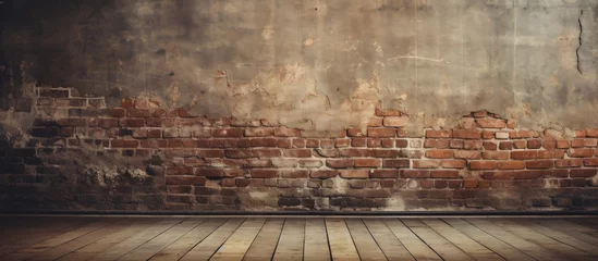 Fototapeten The Rustic Charm of an Aged Brick Wall Set Against a Warm Wooden Floor © Ilgun