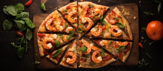 Delicious Shrimp and Basil Pizza Presentation on Rustic Wooden Cutting Board