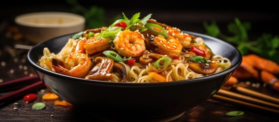 Vibrant Shrimp and Noodles Stir-Fry with Colorful Assortment of Fresh Vegetables