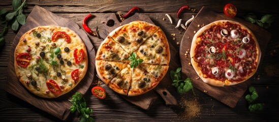 Fototapeta na wymiar Delicious Pizza Varieties Displayed on Rustic Wooden Table in Italian Restaurant Setting