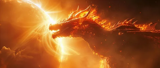 Fotobehang Dragon eclipsing the sun, fiery scales, close-up, intense solar flare lighting © Thanadol