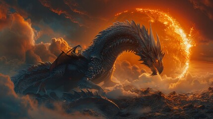 Fantasy dragon in solar eclipse, side view, dark mystic atmosphere, twilight colors
