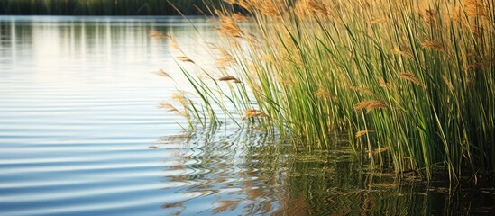Obraz premium Serenity in the Wild: Lush Green Tall Grasses Swaying in the Breeze of a Summer Meadow