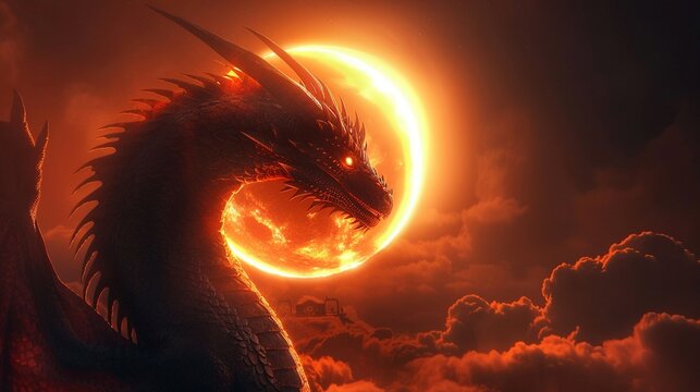 Fantasy dragon in solar eclipse, side view, dark mystic atmosphere, twilight colors
