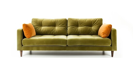 Fototapeta premium Vibrant Green Couch Adorned with Lush Orange Pillows in Modern Living Room Setting