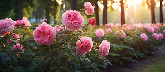 Dreamy Landscape of Blooming Pink Roses in a Spring Garden Wonderland