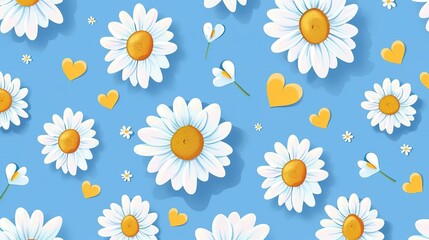 Seamless pattern with daisy flower and hearts on blue background. Bee cartoons daisy icon and heart illustration.,generative ai, generative,ai