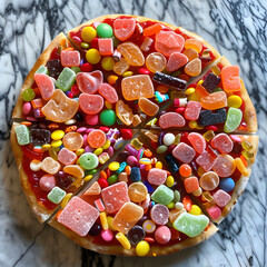 Candy pizza made of different types of candies 