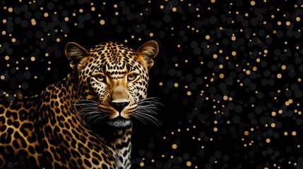 Majestic Leopard Roaring on Dark Background with Shimmering Gold Dots