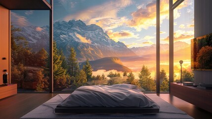 Modern bedroom with beautiful forest and mountain views.