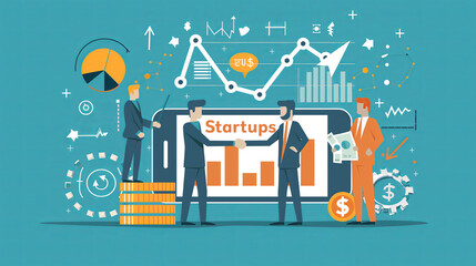 Two businessmen handshake creating a startup, financial innovation, technology, internet and marketing, flat cartoon illustration