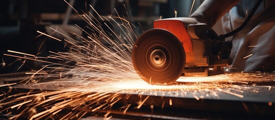 Skilled Worker Using Industrial Grinder to Cut Metal with Sparks Flying in Metalworking Workshop